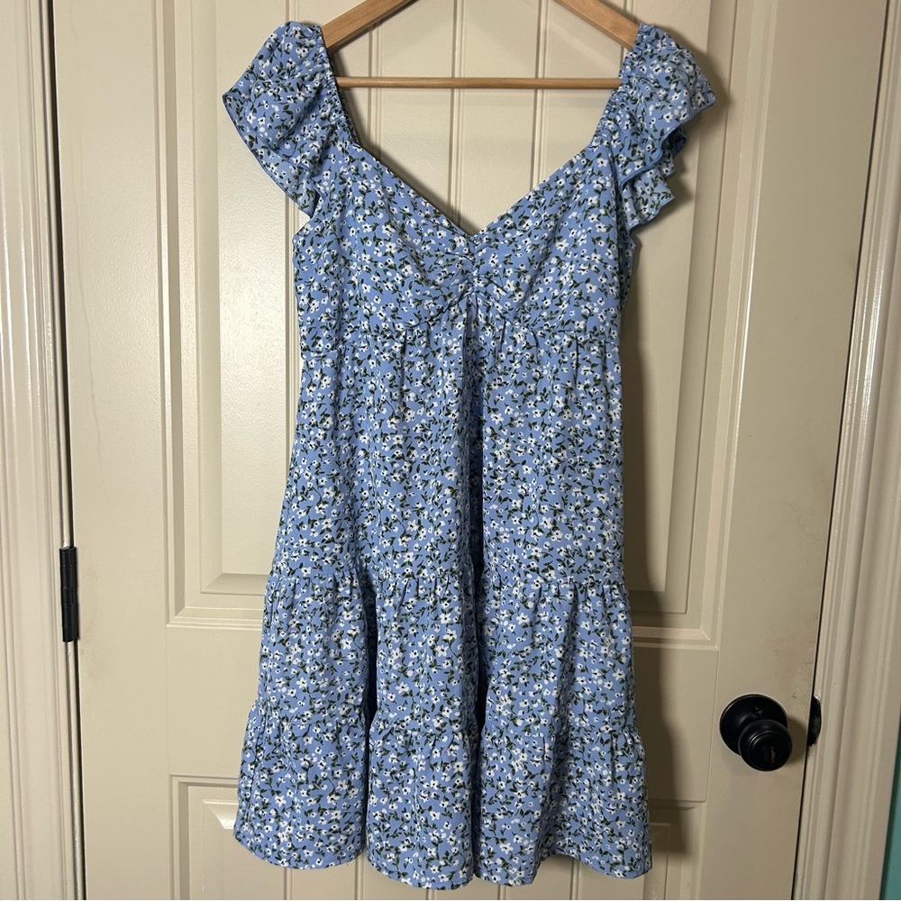 Inspired Hearts Women’s Floral Mini Dress,‎ Cinched Back,Ruffled,Blue Size Large